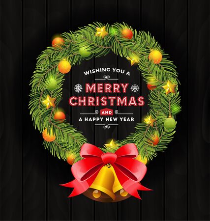 Christmas wreath frame and typography design. Merry Christmas and Happy New Year decorative element. Vector illustration.のイラスト素材