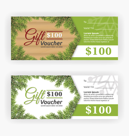 Christmas leaves border theme, gift voucher certificate template. Vector illustrationのイラスト素材
