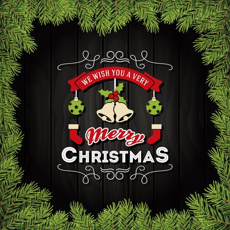 Merry Christmas With Ornaments On A Dark Wooden Board and Christmas Leaves Frame. Vector Illustrationのイラスト素材