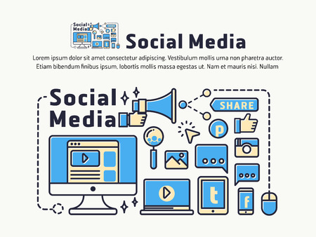Social Media and Network Marketing. Icons and symbols for web header, banner, page cover, printing media. Vector illustrationのイラスト素材