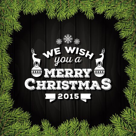 Merry Christmas Greeting Card With Ornaments On A Dark Wooden Board and Christmas Leaves Frame. Vector Illustrationのイラスト素材