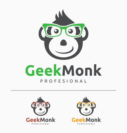 Geek Monkey Logo Template. Monkey with glasses mascot cartoon sign. Vector Illustrationのイラスト素材
