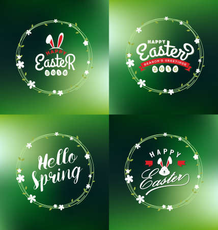 Easter and Spring seasonal decorative ornaments design with typography lettering and foral wreath. illustrationのイラスト素材