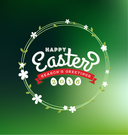Happy Easter 2016 Lettering Greeting Card With Flower Wreath on Blurred Backgroundのイラスト素材