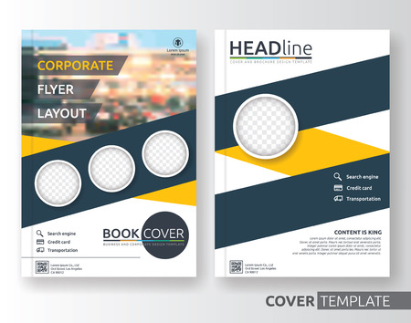 Multipurpose business and corporate cover design layout. Suitable for flyer, brochure, book cover and annual report. Yellow and navy blue colors A4 size template background with bleeds.のイラスト素材
