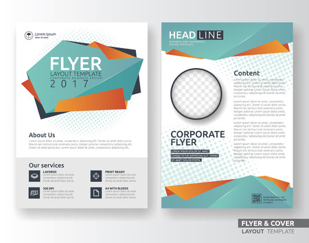 Multipurpose corporate business flyer layout design. Suitable for flyer, brochure, book cover and annual report. green and orange color in A4 size template background with bleeds. Vector illustrationのイラスト素材