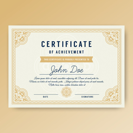 Elegant certificate of achievement with ornaments, A4 size with bleeds. Vector illustrationのイラスト素材
