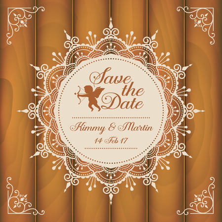 Save the date vintage frame with silhouette cupid on wooden background. Vector illustrationのイラスト素材