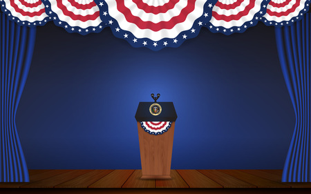 USA President podium on stage with semi-circle decorative flag on top. Open curtain stage with blue background scene. Vector illustrationのイラスト素材