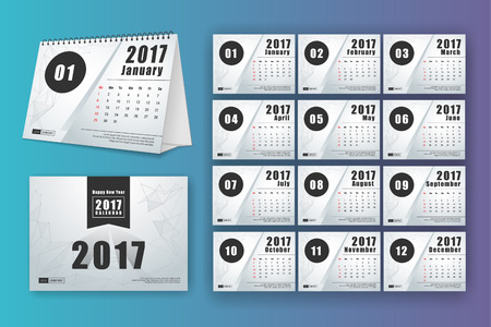 12 month desk calendar template for print design with mesh polygon background. 2017 calendar design start with Sunday. 7x5 inches size with bleeds vector illustrationのイラスト素材