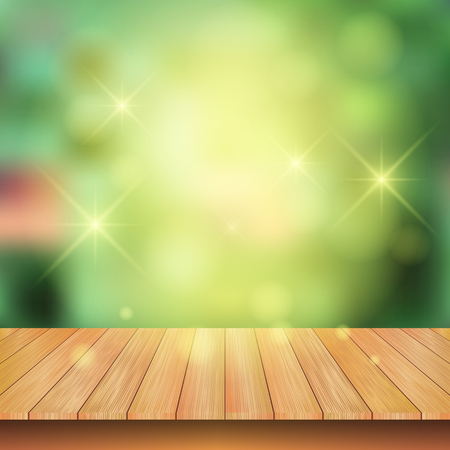 Wooden board with spark light and nature green background. Vector illustrationのイラスト素材