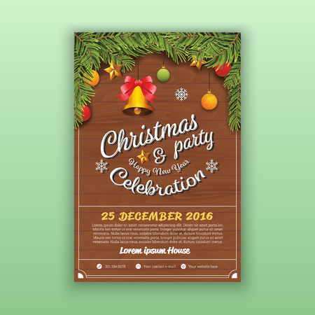 Christmas & Happy New Year Party Flyer Template. Christmas Party Decoration With Wooden Board Background. Vector Illustration Design. 4x6 inches Layout.のイラスト素材