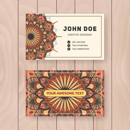 Creative useful business name card design. Vintage colored Mandala design for personal name card, visiting card or tag. Round ornament vector illustration.のイラスト素材