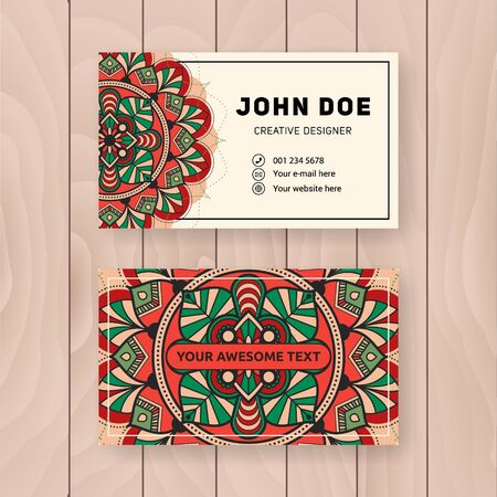 Creative useful business name card design. Vintage colored Mandala design for personal name card, visiting card or tag. Round ornament vector illustration.のイラスト素材