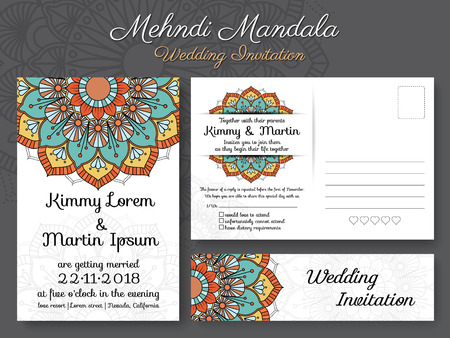 Classic vintage wedding invitation card design with beautiful Mandala flower, suitable for both traditional and modern trend. Save the date and RSVP postcard template.のイラスト素材