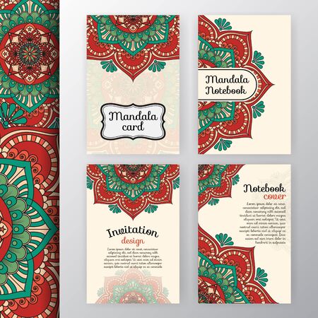Set of vintage invitation and background design with Mandala decoration. Round decorative ornament design for greeting card, wedding invite, notebook cover, flyer or leaflet designのイラスト素材