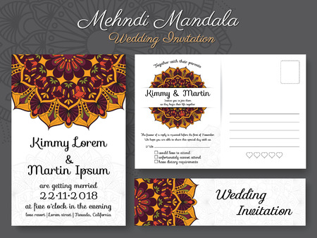 Classic vintage wedding invitation card design with beautiful Mandala flower, suitable for both traditional and modern trend. Save the date and RSVP postcard template.Vector illustrationのイラスト素材