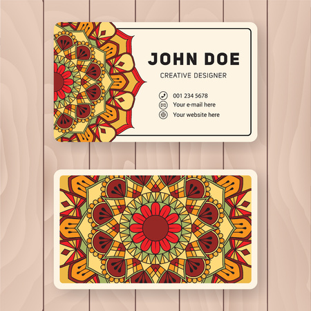 Creative useful business name card design. Vintage colored Mandala design for personal name card, visiting card or tag. Round ornament vector illustration.のイラスト素材