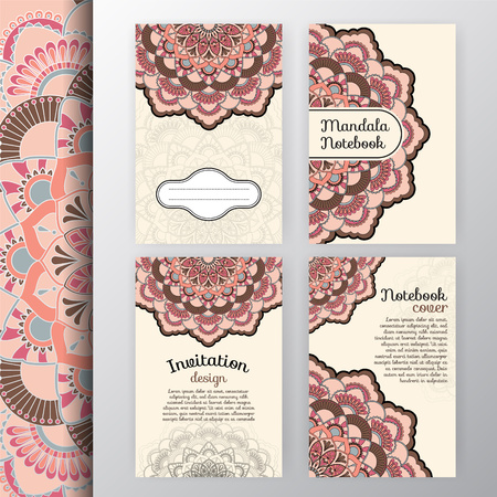 Set of vintage invitation and background design with Mandala decoration. Round decorative ornament design for greeting card, wedding invite, notebook cover, flyer or leaflet designのイラスト素材