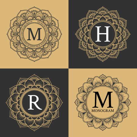 Monogram circle frame vintage luxury style. Elegant circle frame for border, logo, rubber stamp, wedding frame, emblem and label. Logo template for spa and hotel. Vector illustrationのイラスト素材