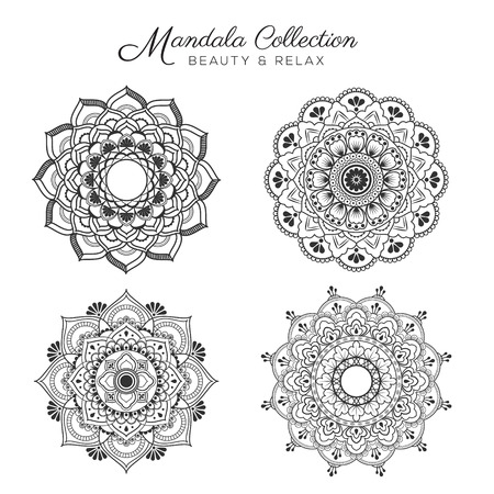 Set of mandala decorative and ornamental design for coloring page, greeting card, invitation, tattoo, yoga and spa symbol. Vector illustrationのイラスト素材