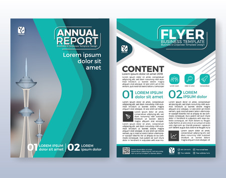 Business flyer layout design. Suitable for flyer, brochure, book cover and annual report. Turquoise color scheme in A4 size layout template background with bleeds.のイラスト素材