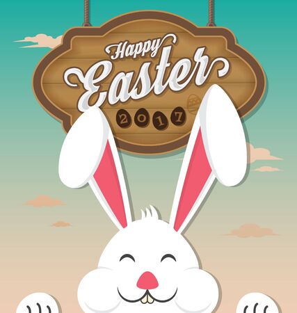 Happy Easter 2017 with wooden board hanging and smiling rabbit. Vector illustrationのイラスト素材