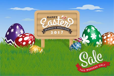 Happy Easter Background. Painting Eggs Hidden on Grass and Happy Easter Typographic on Wooden Sign Board. Vector illustrationのイラスト素材