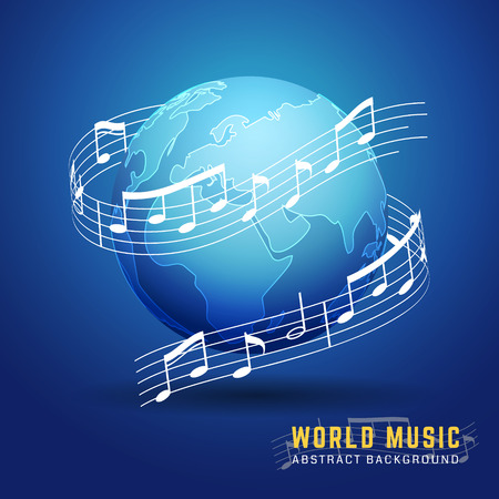 Abstract 3D World Music Design Concept. Melody Notes Score Around The Earth. Vector Illustrationのイラスト素材