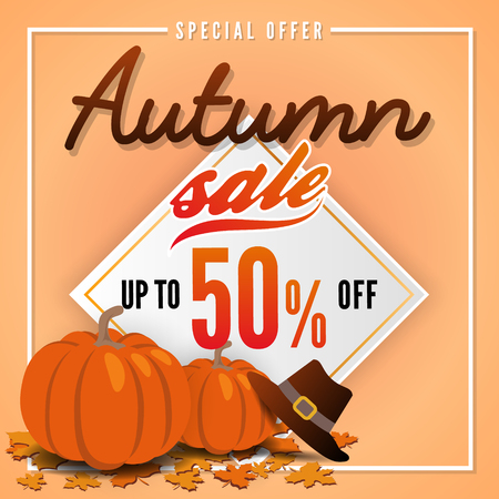 Autumn sale square banner pumpkin design for sale promotion, web banner or poster. Vector illustrationのイラスト素材