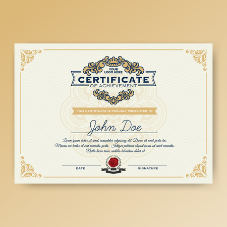 Vintage elegant certificate of achievement with ornaments, A4 size. Vector illustrationのイラスト素材