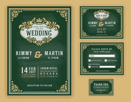 Vintage luxurious wedding invitation on chalkboard background. Include Invitation, RSVP card, Save the date, Thank you card. Vector illustrationのイラスト素材