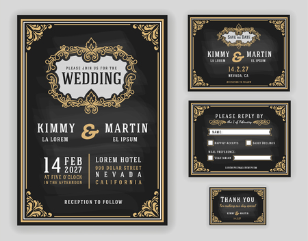 Vintage luxurious wedding invitation on chalkboard background. Include Invitation, RSVP card, Save the date, Thank you card. Vector illustrationのイラスト素材