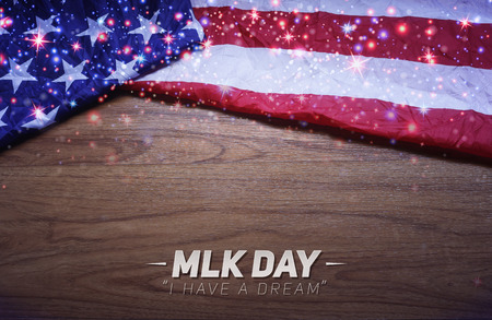USA Flag with Shining Star on Brown Wooden Board. America Flag Background with Quote I Have a Dream for Martin Luther King Day. Photo Illustrationの写真素材