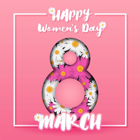 8 March International Women's Day Sign and Flower on Sweet Color Background for Greeting Card. Vector illustrationのイラスト素材
