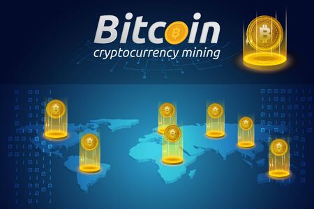 Golden Bitcoin in shining light effect on world map infographic. Blockchain technology for cryptocurrency. Letter B coins vector illustrationのイラスト素材