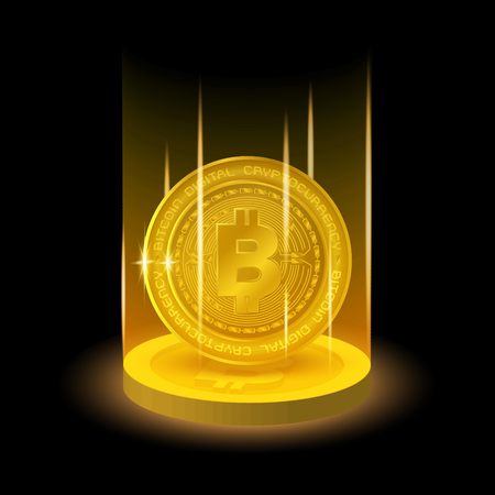 Golden Bitcoin in shining light effect on dark background. Blockchain technology for cryptocurrency. Letter B coins vector illustrationのイラスト素材