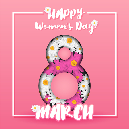 8 March International Women's Day Sign and Flower on Sweet Color Background for Greeting Card. Vector illustrationのイラスト素材
