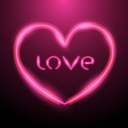 Heart design with pink neon light and letter love inside. Valentine's day greeting card. Vector illustrationのイラスト素材