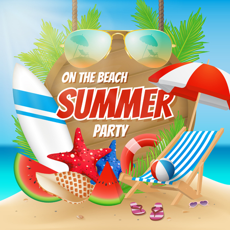 Summer party on the beach poster design with decoration. Vector illustrationのイラスト素材