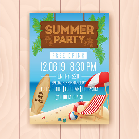 Summer party advertising poster design with hanging signboard and seascape. Vector illustrationのイラスト素材
