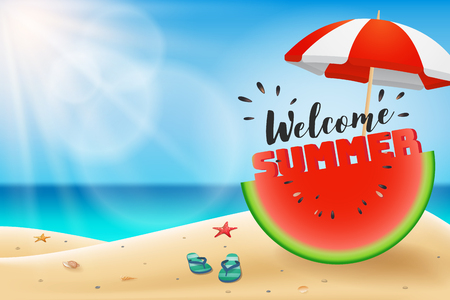 Welcome summer lettering on watermelon sliced under an umbrella. Summer background with copy space. Vector illustrationのイラスト素材