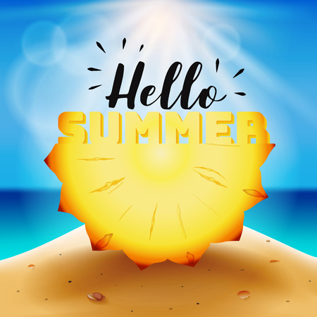 Hello summer typography on carved pineapple. Vector illustration.のイラスト素材