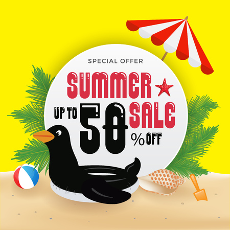 Summer Sell Promotion Banner Background and Objects Design with Penguin Inflatable Ring Float. Vector illustrationのイラスト素材