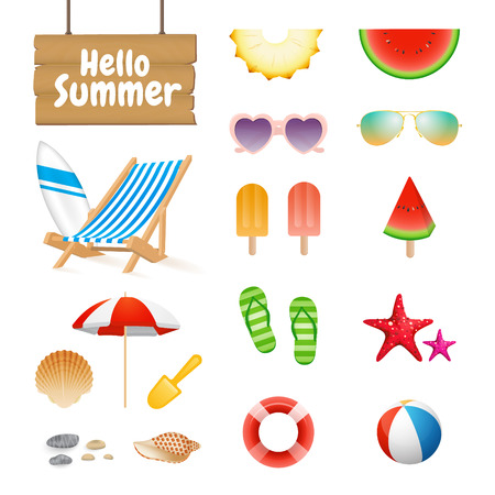 Set of Realistic Summer Design Objects and Elements. Vector illustrationのイラスト素材
