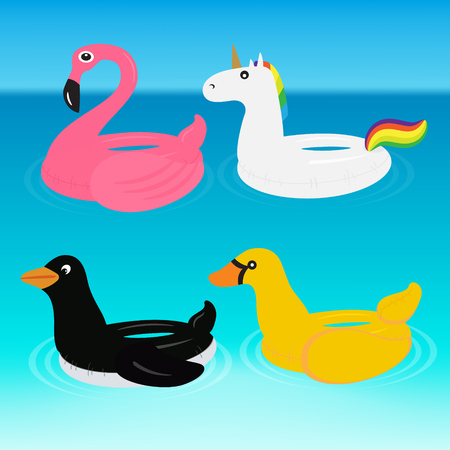 Animal Pool Float Swimming Ring Ride for Adult Kids Vector Illustration. Flamingo Inflatable Lifebuoy.のイラスト素材