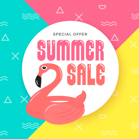 Summer Sale Banner Background Design with Flamingo Inflatable Ring Float. Vector Illustrationのイラスト素材