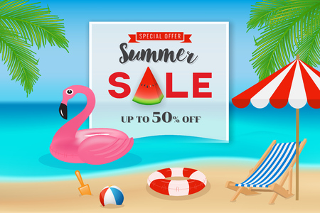 Summer sale promotion banner background. Seascape background with copy space and design elements. Vector illustrationのイラスト素材