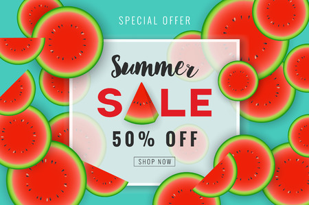 Summer sale promotion banner background design with slice watermelon.のイラスト素材