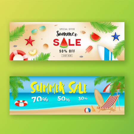 Summer sale promotion banner background. Seascape background with copy space and design elements. Vector illustrationのイラスト素材
